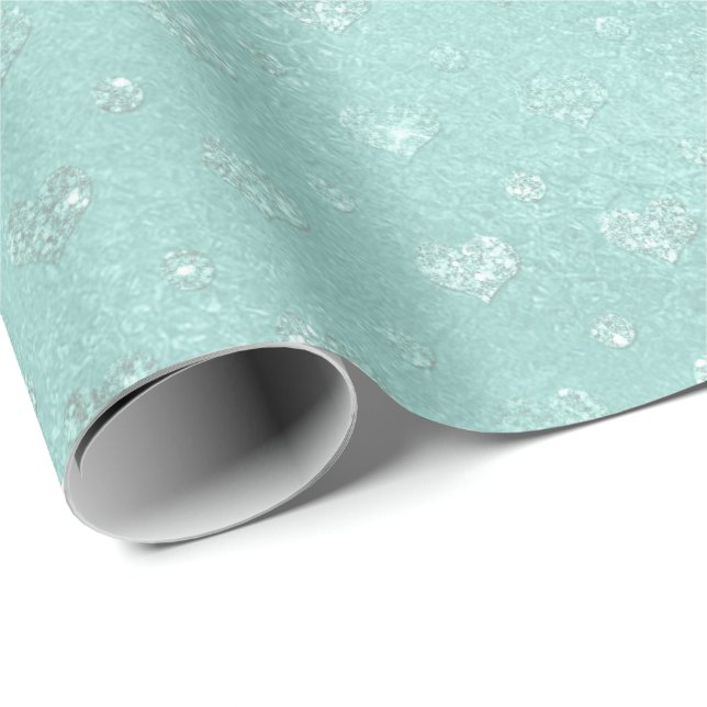 Tiffany Aqua Mint Blue Shiny Glass Hearts Delicate Wrapping Paper (Roll Corner)