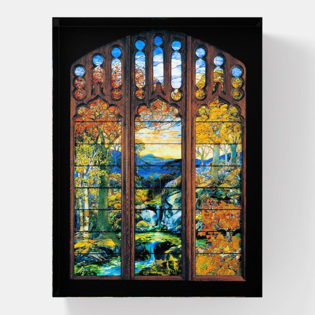 Tiffany Autumn Fall Landscape Stained Glass Window Paperweight (Vertical)