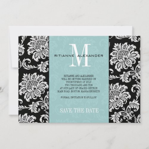 Tiffany Black Monogram Damask Save The Date Invite