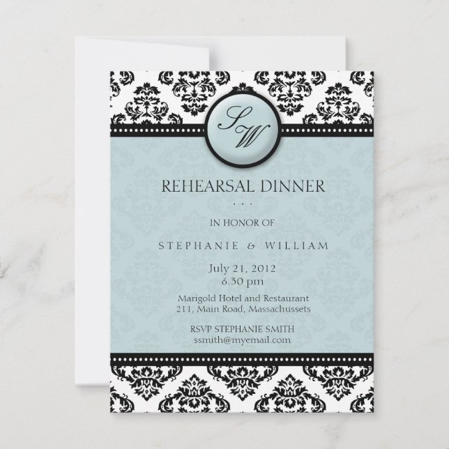 Tiffany Damask Monogram Rehearsal Dinner Card (Front)