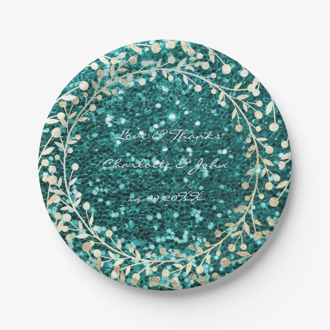 Tiffany Emerald Glitter Foxier Gold Wreath Garland Paper Plates (Front)
