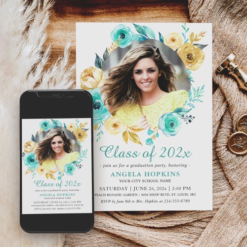 Tiffany Gold Floral Photo Graduation Party Invitation