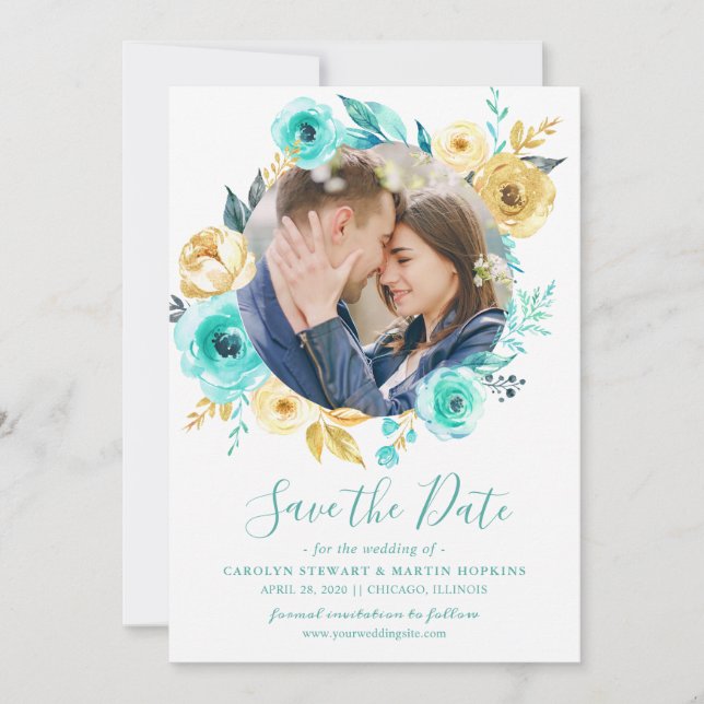 Tiffany Gold Floral Wreath Photo Save the Date (Front)
