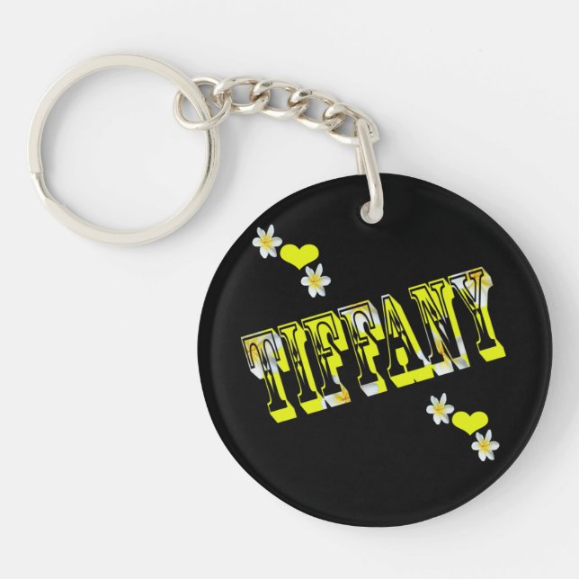 Tiffany, Ladies Name Logo With Frangipani Flowers, Keychain (Front)