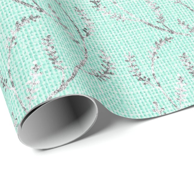 Tiffany Mint Aqua Linen Silver Sparkly Laurel Wrapping Paper (Roll Corner)