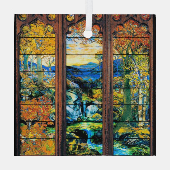 Tiffany Stained Glass Window Fall Landscape Glass Ornament (Back)
