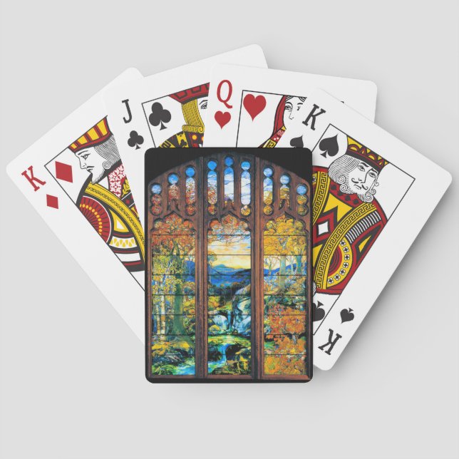 Tiffany Stained Glass Window Fall Landscape Poker Cards (Back)