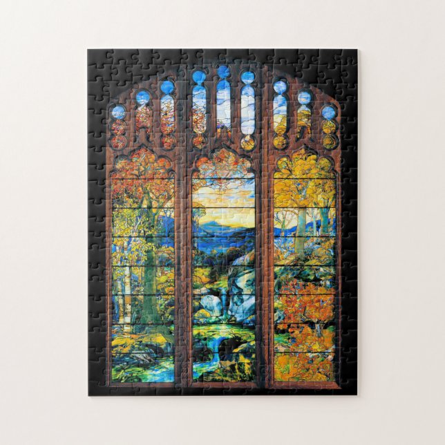Tiffany Stained Glass Window Fall Landscape Puzzle (Vertical)