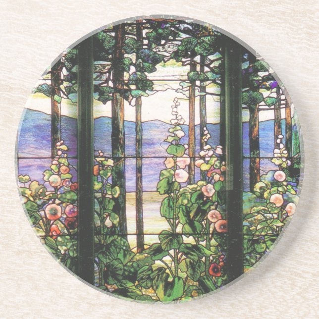Tiffany Stained Glass Window Hollyhocks Art Drink Coaster (Front)
