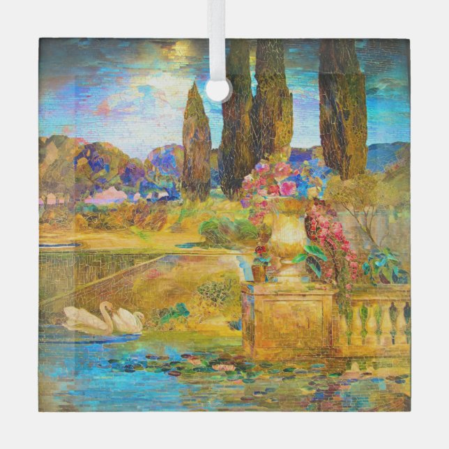 Tiffany Stained Glass Window Swans Glass Ornament (Front)