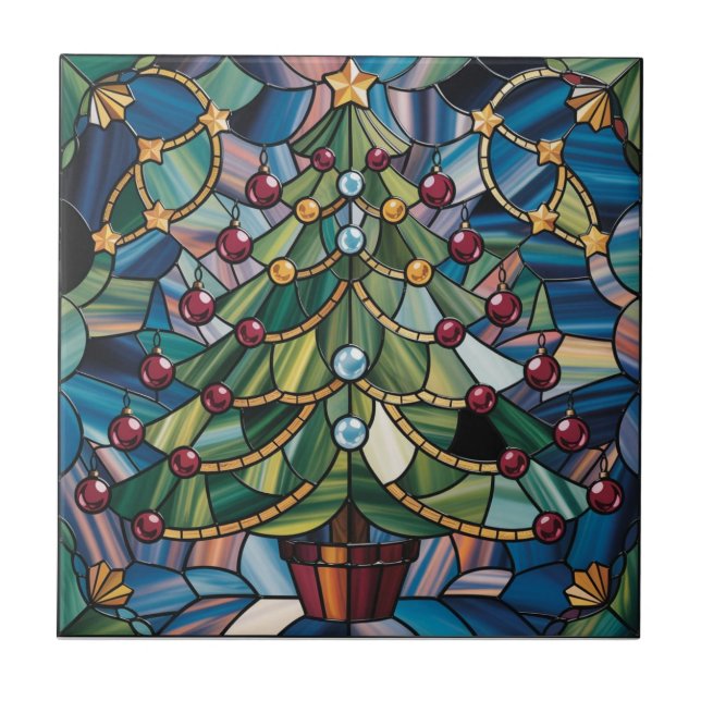 Tiffany-Style Stained Glass Christmas Tree Ceramic Tile (Front)