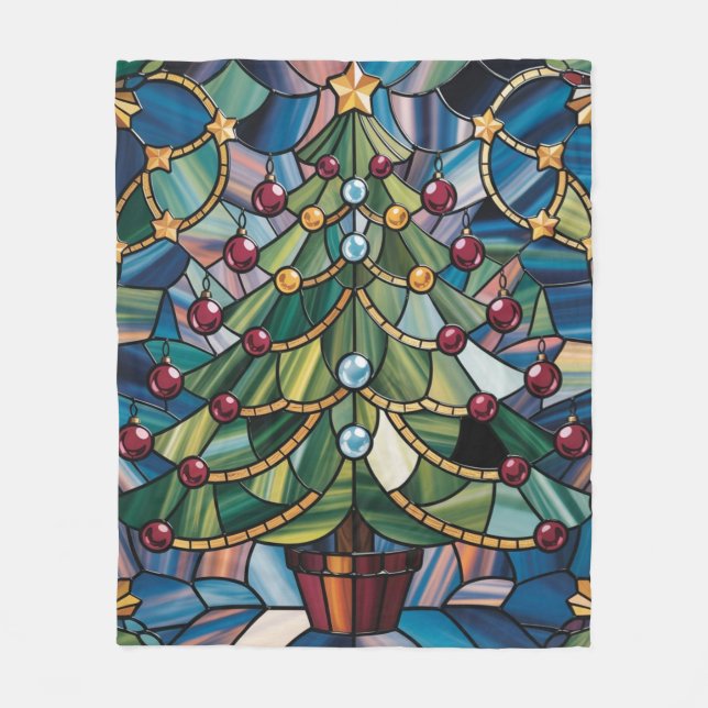 Tiffany-Style Stained Glass Christmas Tree Fleece Blanket (Front)