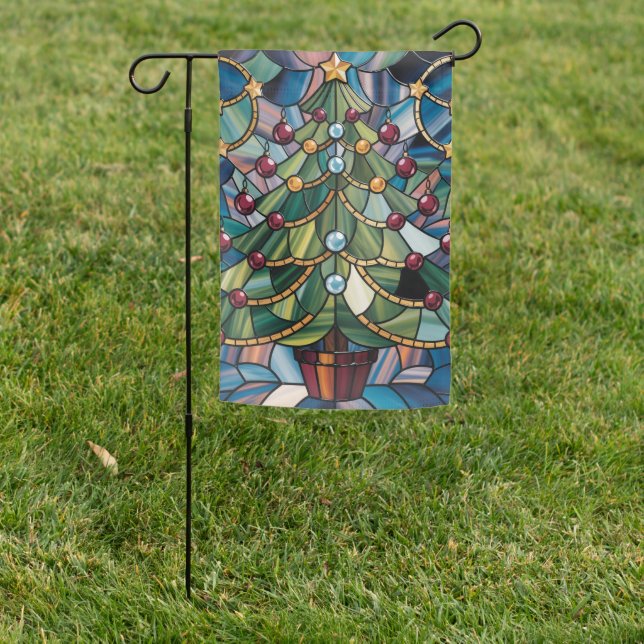 Tiffany-Style Stained Glass Christmas Tree Garden Flag (In SItu)