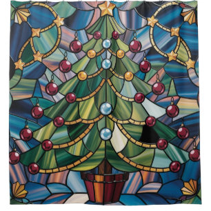 Tiffany-Style Stained Glass Christmas Tree Shower Curtain