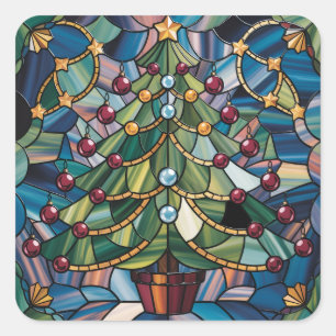 Tiffany-Style Stained Glass Christmas Tree Square Sticker