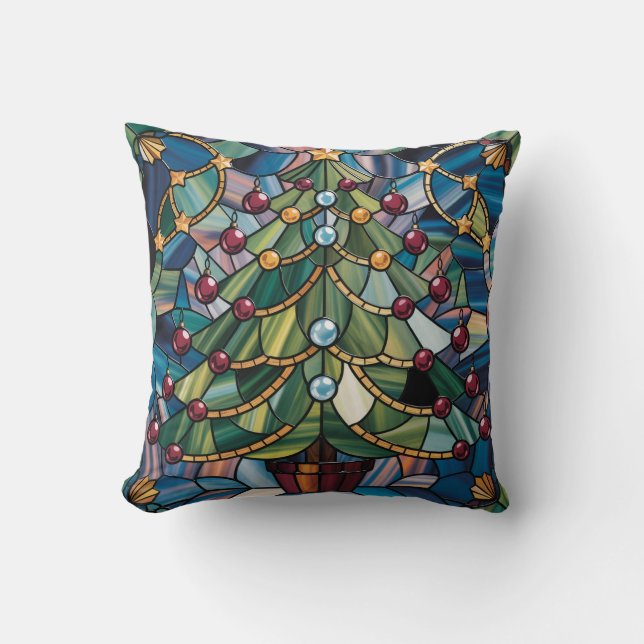 Tiffany-Style Stained Glass Christmas Tree Throw Pillow (Front)