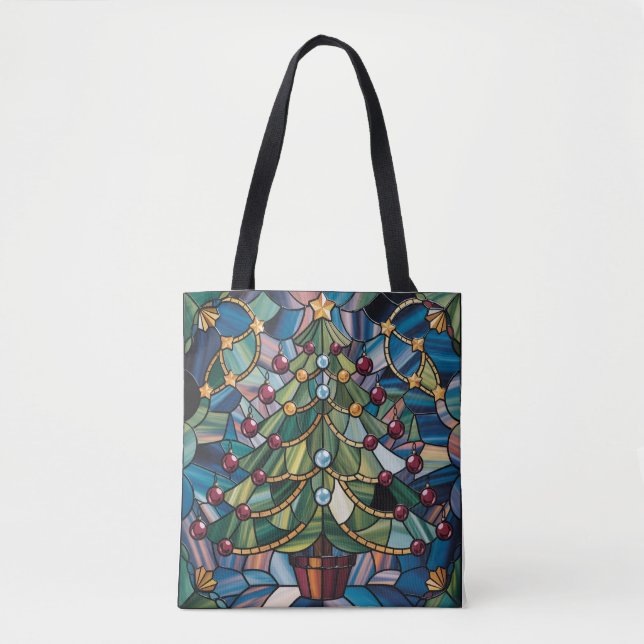 Tiffany-Style Stained Glass Christmas Tree Tote Bag (Front)