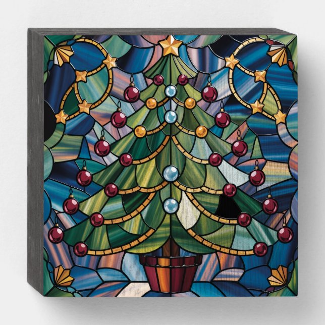 Tiffany-Style Stained Glass Christmas Tree Wooden Box Sign (Front Horizontal)