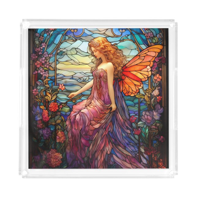 Tiffany Style Stained Glass Magical Fairy Acrylic Tray (Front)