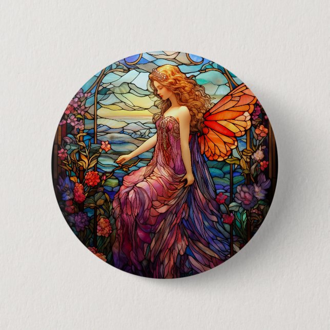 Tiffany Style Stained Glass Magical Fairy Button (Front)