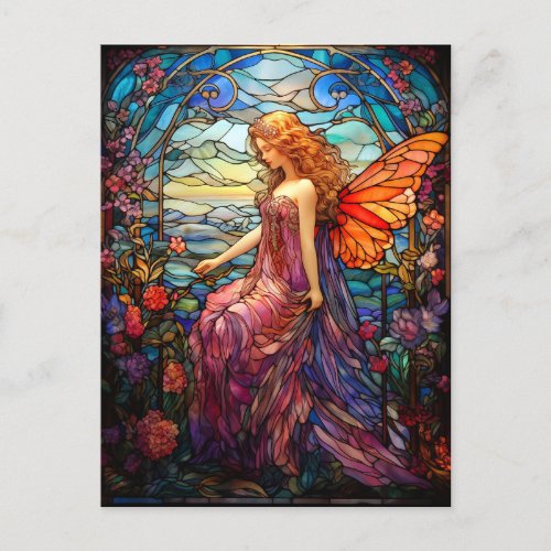 Tiffany Style Stained Glass Magical Fairy Holiday Postcard
