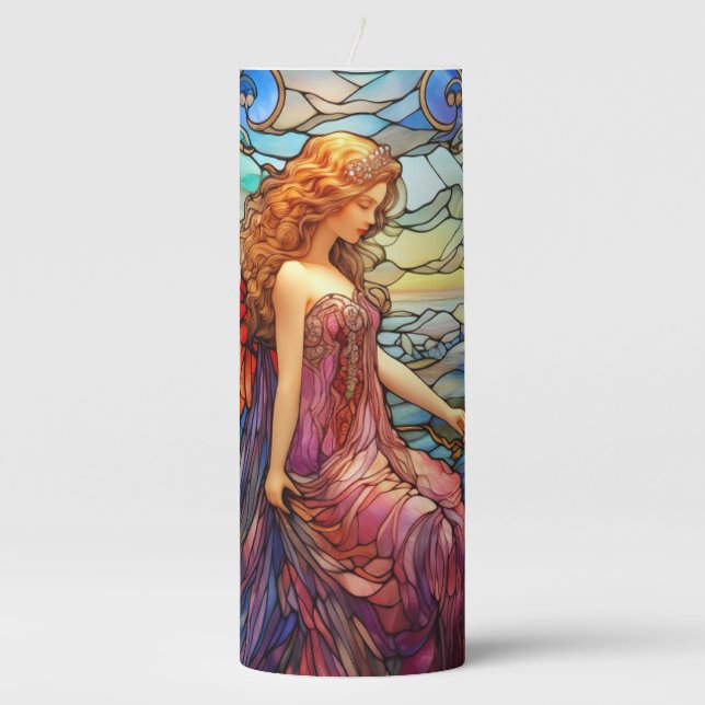 Tiffany Style Stained Glass Magical Fairy Pillar Candle (Front)