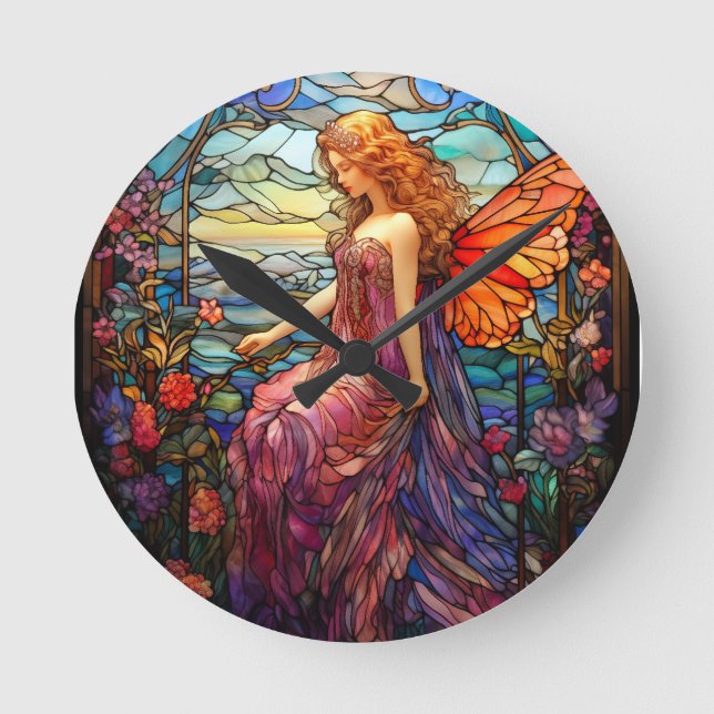 Tiffany Style Stained Glass Magical Fairy Round Clock (Front)