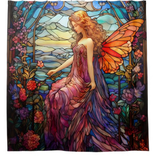 Tiffany Style Stained Glass Magical Fairy Shower Curtain