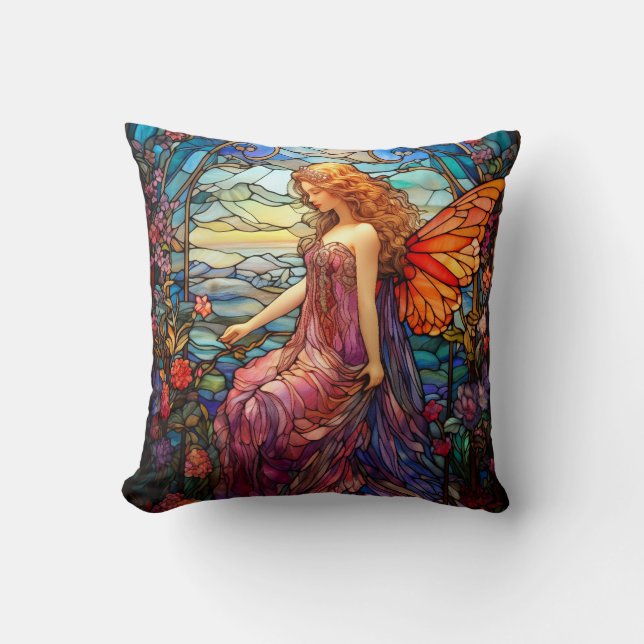 Tiffany Style Stained Glass Magical Fairy Throw Pillow (Front)