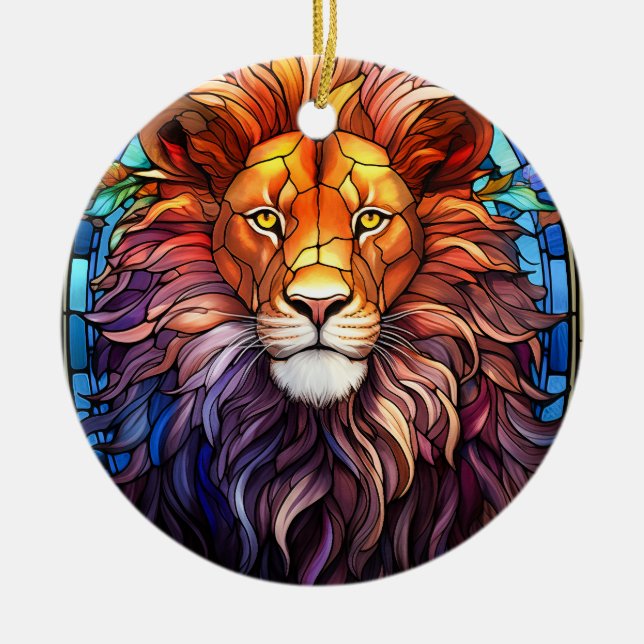 Tiffany-Style Stained Glass Majestic Lion Ceramic Ornament (Front)