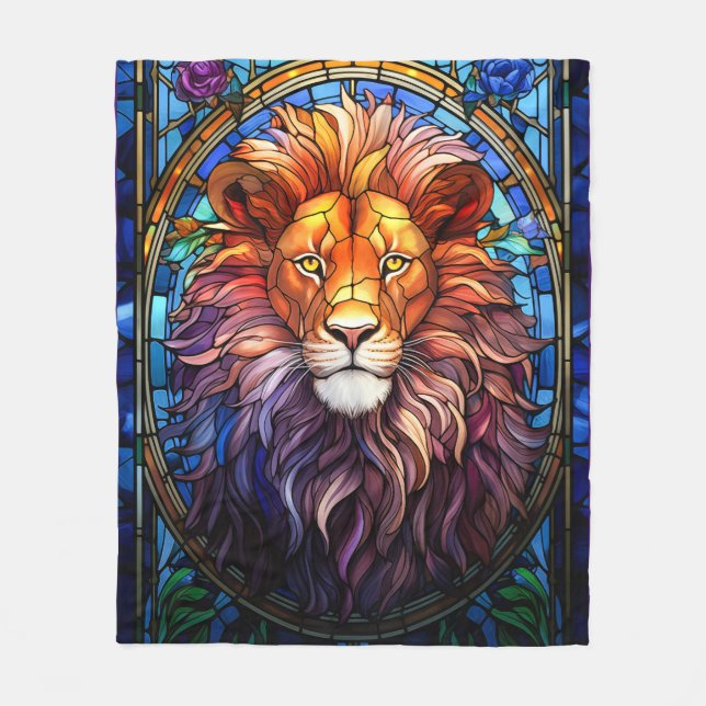Tiffany-Style Stained Glass Majestic Lion Fleece Blanket (Front)