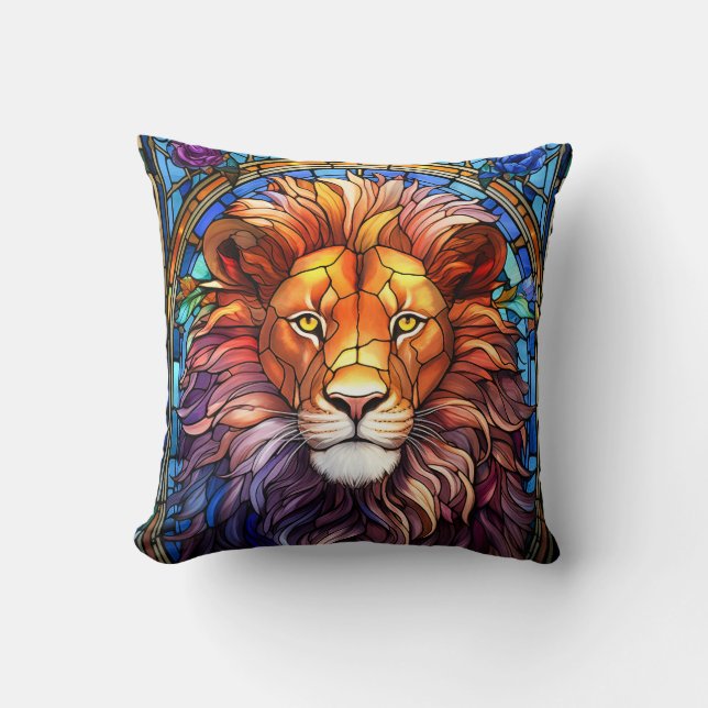 Tiffany-Style Stained Glass Majestic Lion Throw Pillow (Front)