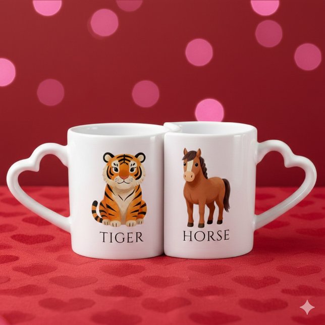 Tiger 虎 Horse 馬 Chinese Zodiac Coffee Mug Set (Whimsical Asian Tiger & Horse Lovers' Nesting Mugs Cover Photo)