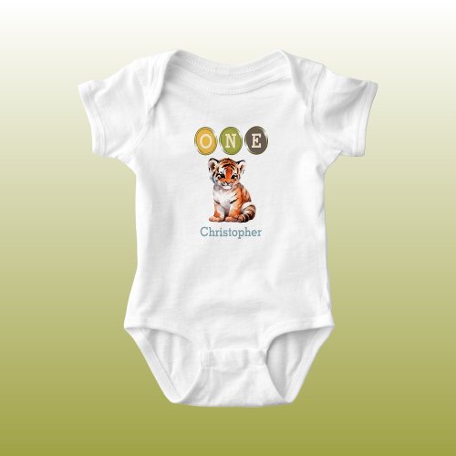 Tiger 1st Birthday one with name blue Baby Bodysuit