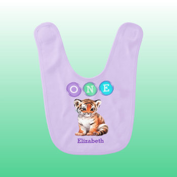 Tiger 1st Birthday One With Name Purple Baby Bib by LynnroseDesigns at Zazzle