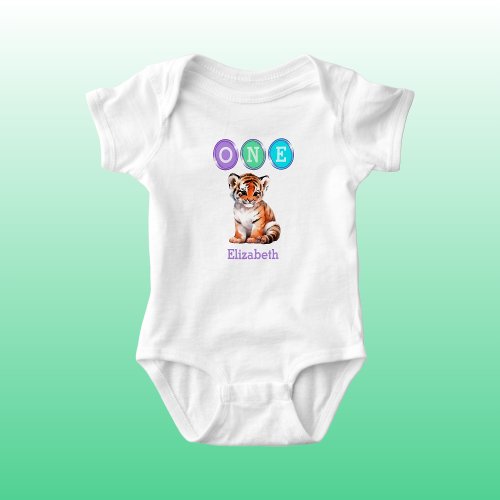 Tiger 1st Birthday one with name purple Baby Bodysuit