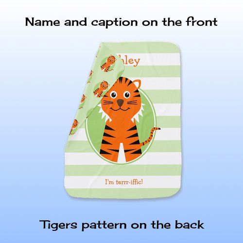 Tiger add name green white stripes baby blanket