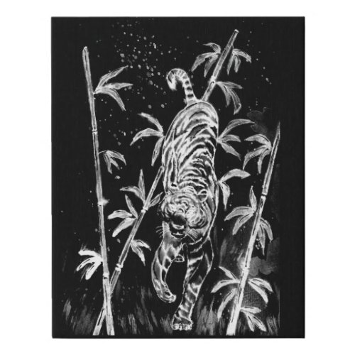 Tiger and Bamboo Black and White Faux Canvas Print