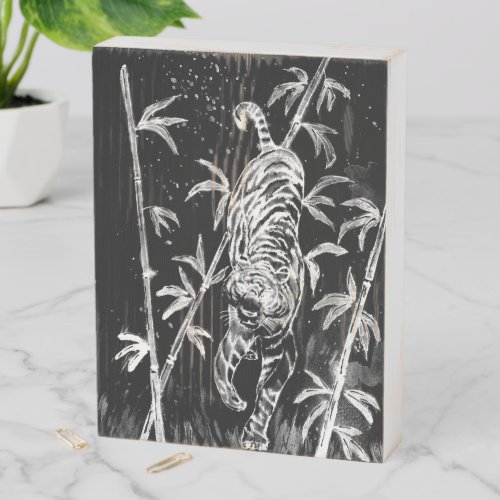 Tiger and Bamboo Black and White Wooden Box Sign