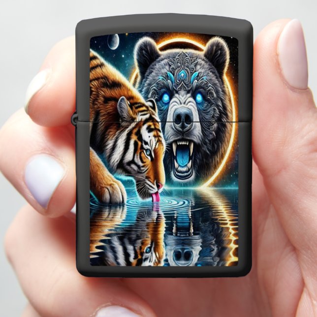 Tiger and Bear in Cosmic Wildlife Zippo Lighter (In Hand)