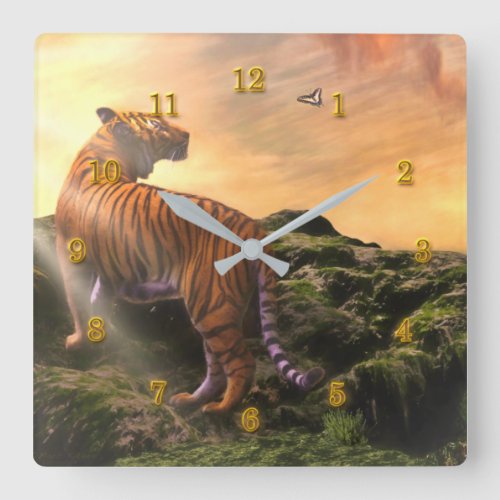 TIGER AND BUTTERFLY SUNSET SQUARE WALL CLOCK