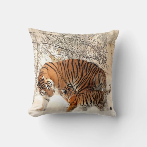Tiger And Cub  Design Cotton Throw Pillow