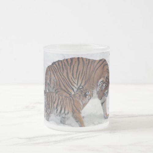 Tiger and cub in snow beautiful photo mug gift frosted glass coffee mug