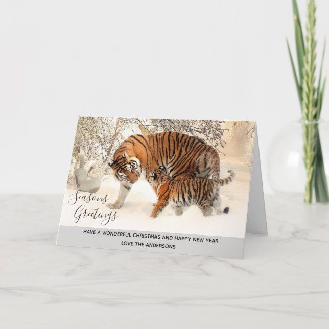 Tiger and Cub Winter Snow Xmas Photo Personalized Holiday Card (Front)