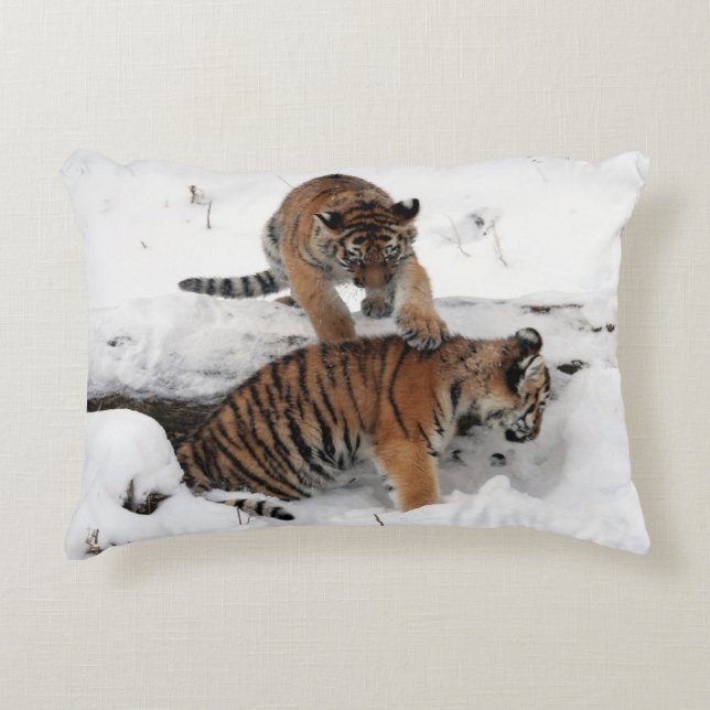 Tiger and Cubs playing in the snow Accent Pillow (Front)