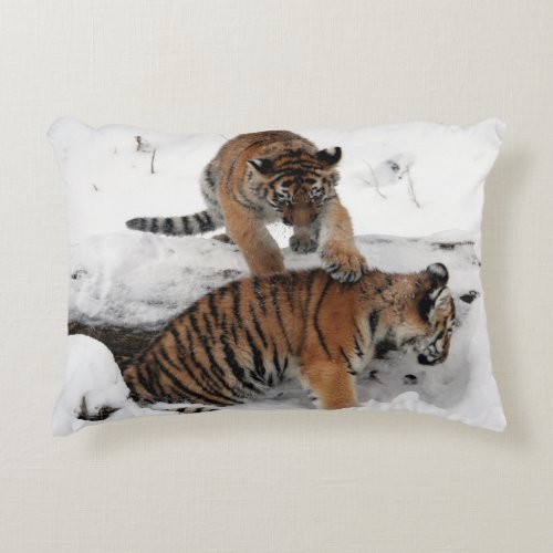 Tiger and Cubs playing in the snow Decorative Pillow