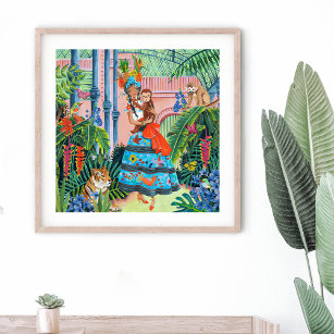 Tiger and girl in tropical greenhouse poster