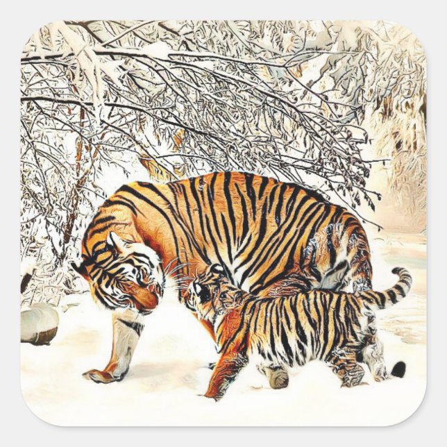 Tiger and her Cub Winter Day Snowy Woods Sticker (Front)