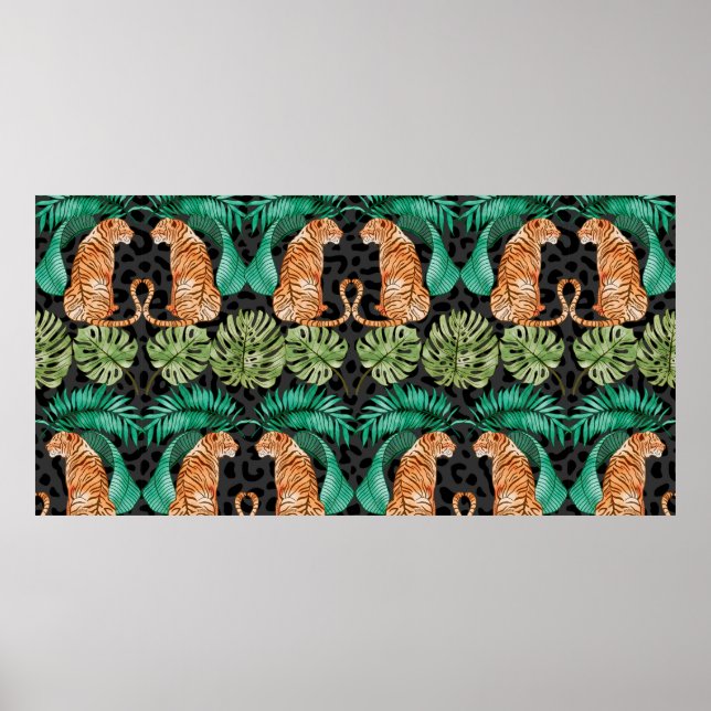 Tiger and Leaves in Watercolor Seamless Pattern Poster (Front)