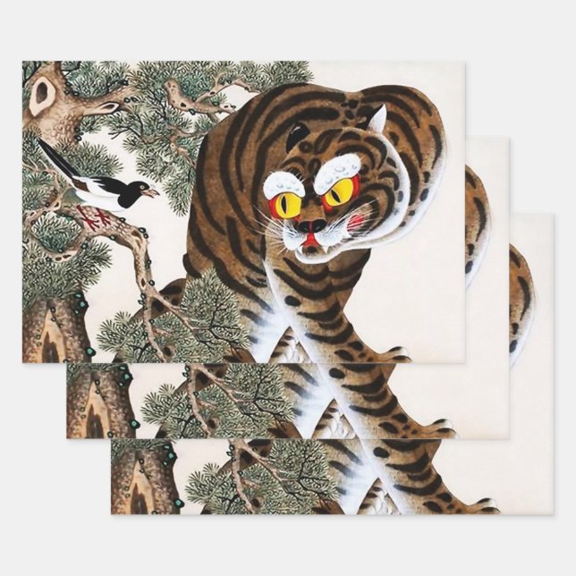 Tiger and Magpie Minhwa under Pine Tree Wrapping Paper Sheets (Set)